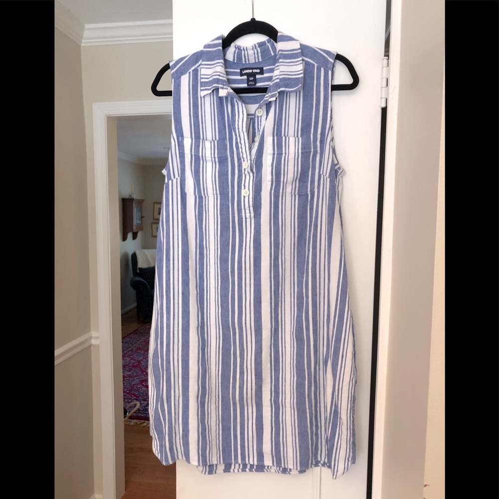 Lands’ End sleeveless blue and white linen blend button front shirt dress, 12P